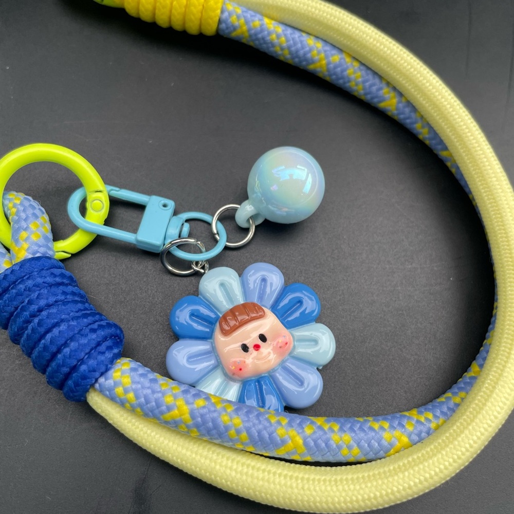 Phone Wrist Lanyard Cute Flower Charm Rope Necklace in Pastel Blue and Yellow